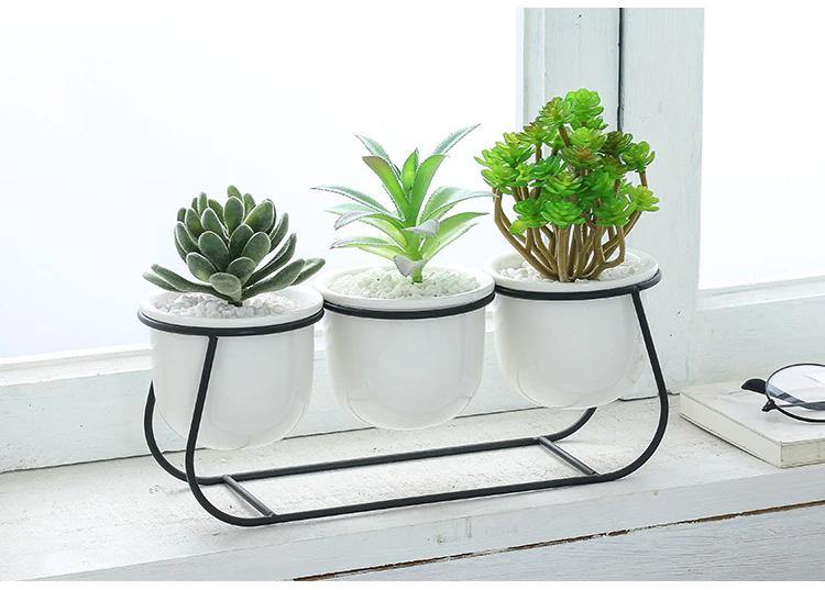 White Ceramic Succulent Planter Trio with Metal Sleigh Stand