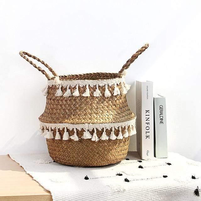 Boho Seagrass Wicker Basket White Double Tassel / S (23X20 CM / 9X8 INCH) | Sage & Sill