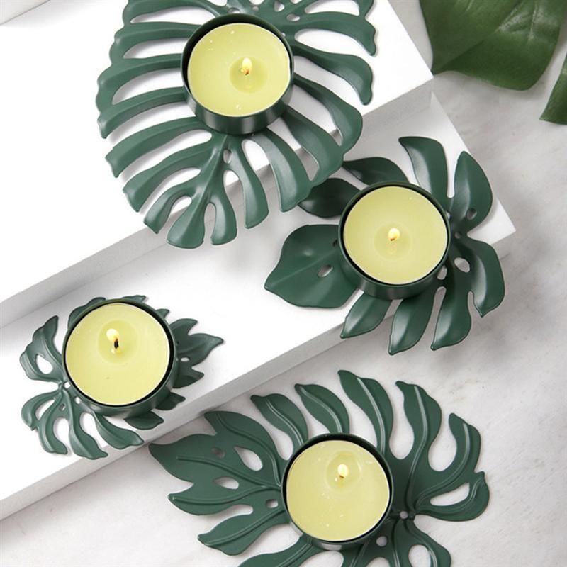 Wrought Iron Monstera Leaf Tealight Candle Holders 4 Piece Set - Garden DarkGreen | Sage & Sill